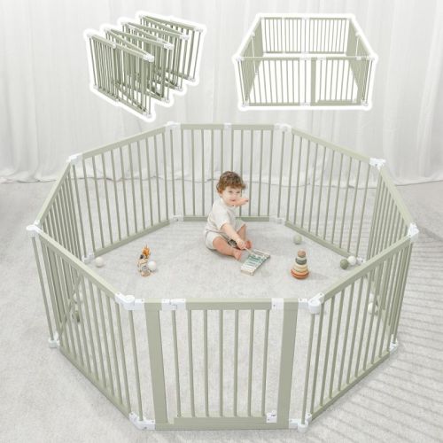 Baby Playpen & Baby Gate for Toddler and Babies, Foldable Wooden Large Shape Playpen with Locking Gate by Comfy Cubs