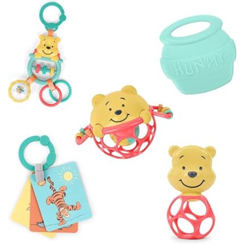 Bright Starts Disney Baby Winnie the Pooh Silly Ole Bundle Gift Set, 5-Piece Sensory Toy Set with Rattle, Teether, Oball & Flash Cards, Developmental Baby Toys 0–12 Months, Newborn Gift