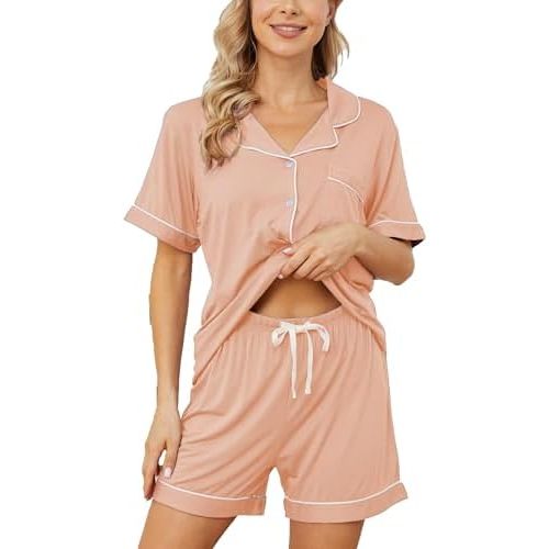 Womens Pajama Sets Short Sleeve Sleepwear Soft Button Down Nightwear Lounge Pj Set XS-XXL