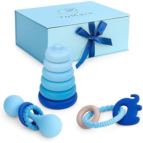 YoMark Upscale Baby Gift Set for Baby Shower Gender Reveal or Newborn Boy Teether Rattle and Ring Stack