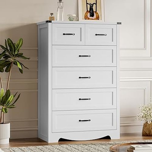 BORNOON Tall 6-Drawer Dresser for Bedroom, Modern Wooden Chest of Drawers with Metal Handles, Anti-Tipping Design, Sturdy and Stable Storage Organizer for Living Room, Entryway, Home Office
