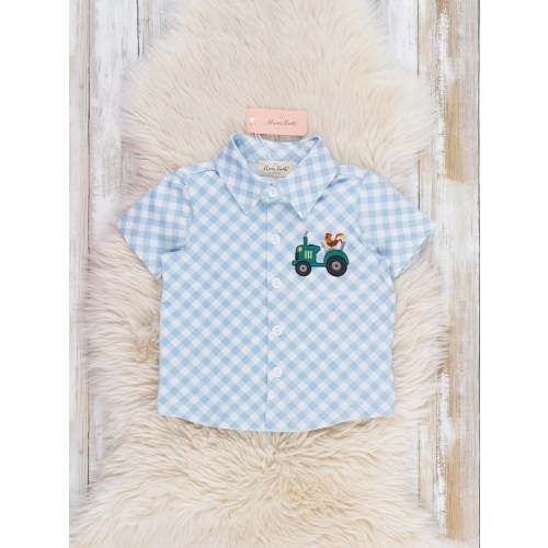 Embroidered Rooster Tractor Gingham Button Up Shirt