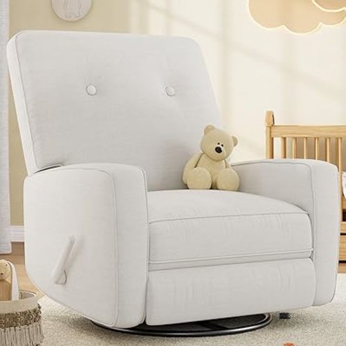 GarveeHome Oversized Recliner Chairs, Swivel Rocker Recliner, Glider Recliner Nursery Chair, Recliner Chair for Adults, 360°Swivel Glider Rocking Chair for Living Room, Bedroom, Office, Linen, White