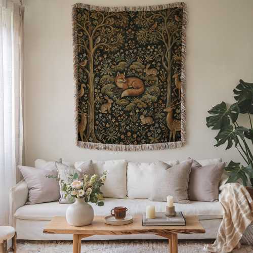 Woodland Tapestry Woven Blanket, Medieval Forest Millefleurs Throw, Vintage Nature Wall or Sofa Blanket