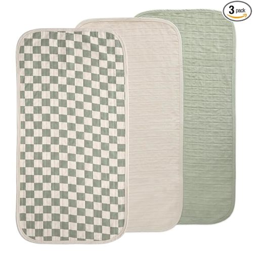 mushie Waterproof Changing Pad Liners | 100% Organic Cotton | Set of 3 (Olive Check Combo)