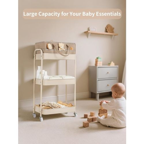 Fortella Baby Diaper Caddy, 3 Tier Rolling Storage Cart for Baby Essentials, Diaper Cart with Detachable Dividers, Storage & Baby Bottle Organizer, Nursery Dresser for Bedroom, Living Room (Taupe)