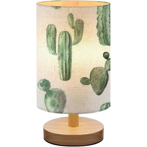 Exotic Cactus Succulents Small Lamp, Linen Shade, Dimmable Nightstand Lamp with Wood Base for Bedroom & Living Room