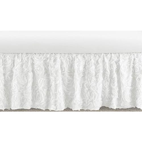 Sweet Jojo Designs White Floral Rose Girl Baby Nursery Crib Bed Skirt Dust Ruffle - Solid Flower Luxurious Elegant Princess Vintage Boho Shabby Chic Luxury Glam High End Roses