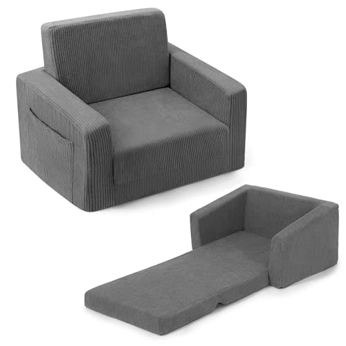 Bubble Ball Comfy Kids Couch, 2-in-1 Foldable Kids Sofa Chair, Grey | Convertible Kids Sofa for Bedrooms and Playrooms, Couch for Boys & Girls, Foam Support and Corduroy Comfort