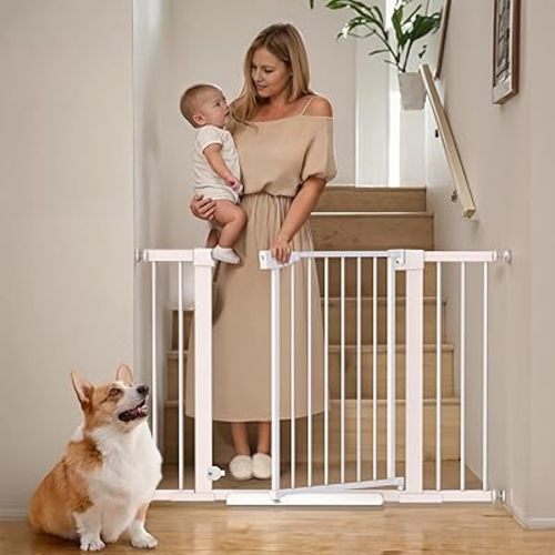 Mumeasy 29.6-46" Baby Gate for Stairs, Pressure Mounted Dog Gate for Doorways, Auto Close Pet Gate for Indoor Use, Extra Wide Child Gate with Walk Thru Door White, Mom's Choice Awards Winner