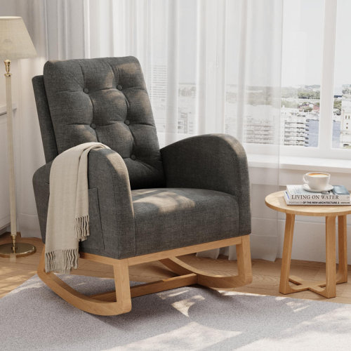 Latitude Run® Modern High-Back Nursery Rocking Chair with Linen Upholstery & Sturdy Wood Legs, Glider for Living Room or Bedroom, Dark Gray (No Footrest) | Wayfair