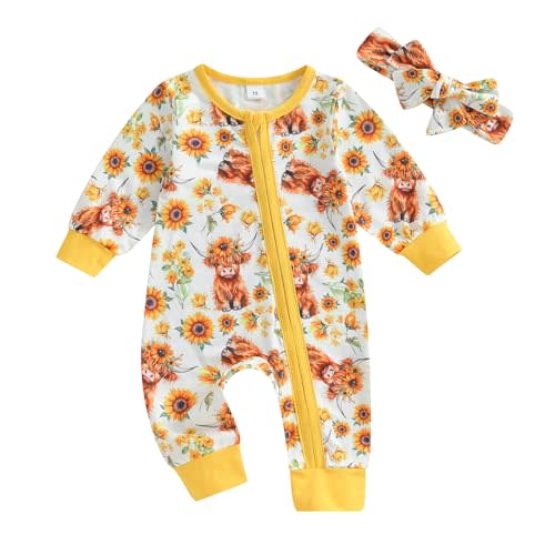 Western Baby Boy Clothes Newborn Jumpsuit | Long Sleeve Cow Daisy Print Zipper Romper, Infant Fall Outfits, Camo/Duck/Halloween Bodysuit, Soft Fabric