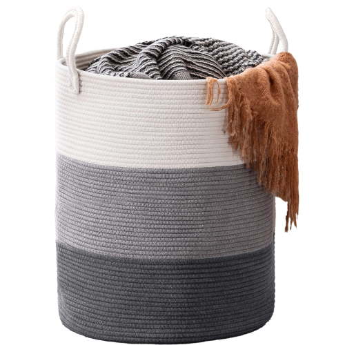 Inadays Laundry Basket 51L Large Clothes Laundry Hamper Woven Cotton Rope Tall Laundry Bag Baskets Toy Storage Organizer Collapsible Storage Basket for Blanket, Toys, Clothes, Pillows, Gradient Gray