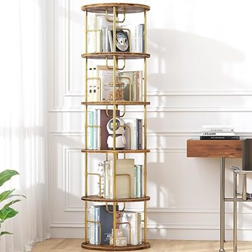 5Tier Rotating Bookshelf, 360 ° Display Stackable Spinning Bookshelf Tower, Narrow Space Saving Tall Floor Standing Swivel Bookcase Corner Storage Organizer for Bedroom/Living Room/Office，Gold