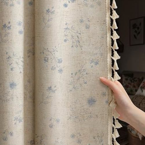 Boho Floral Spring 100% Blackout Curtains 84 Inch Length 2 Panels Set, Linen Texture Farmhouse Curtains with Beige Tassel for Living Room Bedroom, Vintage Rustic Rod Pocket,Light Blue