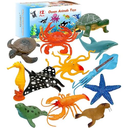 Ocean Sea Animal Figures, 12 Pack Realistic Soft Plastic Bath Toys for Toddlers, Kids, Boys, and Girls