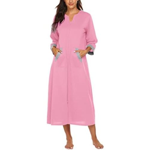 Ekouaer Women Zipper Robe 3/4 Sleeves Loungewear Dress Full Length Sleepwear Pockets Housecoat Nightgown Long Bathrobe