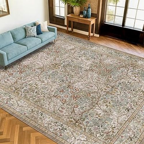 Hazo Haus Vintage Moss Green Living Room Rug, Neutral Taupe 8x10 Washable Area Rugs for Bedroom, Dining Room Rugs Under Kitchen Table, Oriental Low Pile Stain Resistant Non-Slip Large Rug