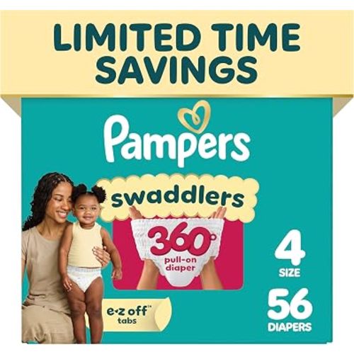 Pampers Diapers - Swaddlers 360° - Size 4, 56 Count, up to 100% Leakproof Comfy Dry Fit, Designed for Easy Changes, Pull On Baby Diaper (Packaging May Vary)