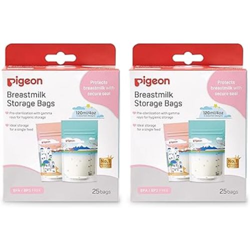 Pigeon Breast Milk Storage Bag, Disposable Self Standing Bag, 5 Colorful Design, 50 Pcs (Pack of 2), 4 Oz