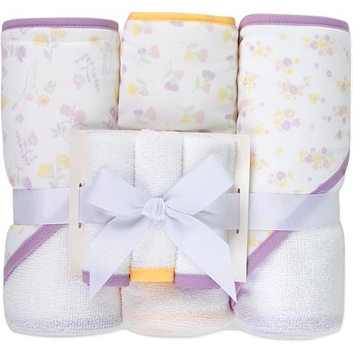 Jessica Simpson Baby 6-Piece Hooded Towel & Washcloth Set – Soft Polyester Baby Bath Towels – Butterfly & Lavender Floral Prints