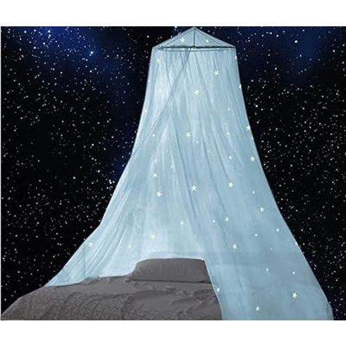 BCBYou Mosquito Net Bed Canopy with Glow in The Dark Stars (Light Blue)