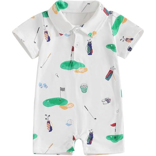Newborn Baby Boy Outfit Short Sleeve Lapel Collar Button Up Golf Hole Embroidery Romper Jumpsuit Infant Summer Clothes