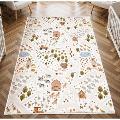 Farmhouse Patterned Kids Rug, Nursery Rug with Farm Animals, Non Slip Activity Rug, Washable Kids Rug