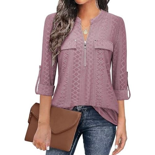 Bulotus Women's Zip Front V-Neck 3/4 Length Sleeve Womens Tops Business Casual Shirts