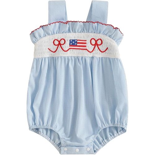 Newborn 4th of July Baby Girl Outfits Smocked Bubble Romper Bow American Flag Ruffle Sleeve Bodysuit Summer Clothes