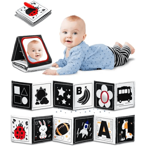 High Contrast Black and White Baby Toys for Newborn 0-6 Months – Contrast Cards & Sensory Baby Book with Mirror – Tummy Time Infant Toys for Visual Stimulation, Early Learning & Brain Development