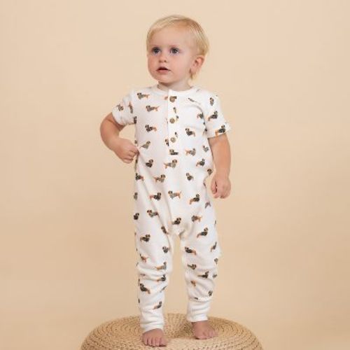 Organic Short Sleeve Button Romper - Dog