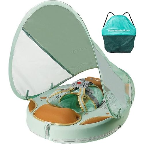 Mambobaby Float with Canopy & Portable Backpack Skin-friendly Baby Swim Float with Tail Waterproof Non-Inflatable Mambo Float Smart Swim Trainer Soft Solid Infant Pool Float 3-24 months Baby Swim Ring