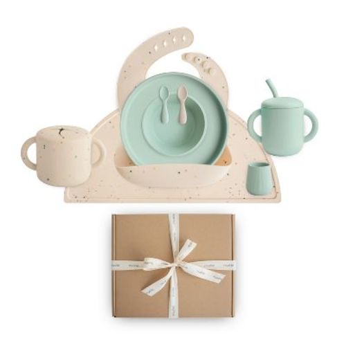 Mushie Deluxe Feeding Kit (Vanilla Confetti / Cambridge Blue)