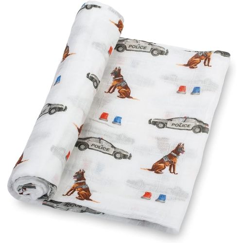 LollyBanks Muslin Swaddle Blanket, 100% Muslin Cotton Blankets for Baby Boys, 47 X 47 Inches Soft and Cozy Swaddle for Newborn Baby, Newborn Essential (Police Dog Print)