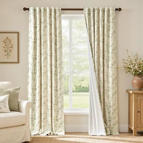 Blackout Vintage Floral Linen Curtains Green on Beige 50×96 2 Panels