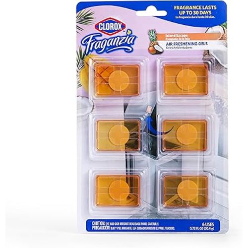Clorox Fraganzia Adhesive Air Freshening Gels in Island Escape, 6pk | No-Plug, Battery-Free Air Freshener for Garbage Cans & More, 6 Air Freshener Units