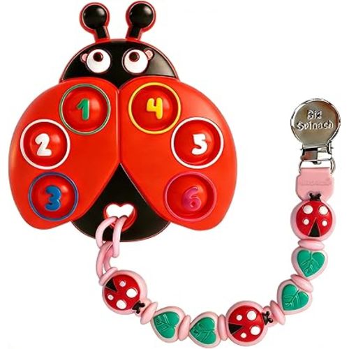 BIGSPINACH Teething Toy & Pacifier Clip Set,Ladybug Pop-It Teether & Pacifier Hold,Multi-Textured Chew Toy with Number Buttons for Early Learning, Baby Teething Relief (Red+Pink)