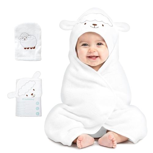 CuddleBug Hooded Baby Towel & Washcloth Set for Toddlers, Cotton Lamb White