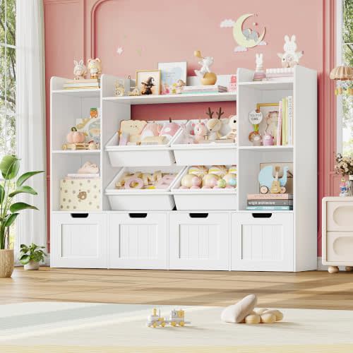 Toy Storage Organizer, Toy Organizer Kids Bookshelf with 4 Movable Drawers and 4 Box Bins, Playroom Storage Organization for Kids Room, Living Room, Bedroom