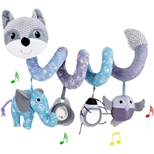 Car Seat Toys, Baby Plush Spiral Hanging Toys for Stroller Crib Bar Bassinet Car Seat Mobile with Musical Owl BB Squeaker Elephant- Gray Fox