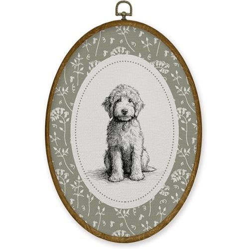 JMENGSSFL Vintage Goldendoodle Floral Oval Wall Art Decor, Goldendoodle Gifts Canvas Prints, Rustic Farmhouse Neutral Sketch Dog Framed Wall Art for Home Bedroom Living Room Decor, 8.6x11.4 Inch