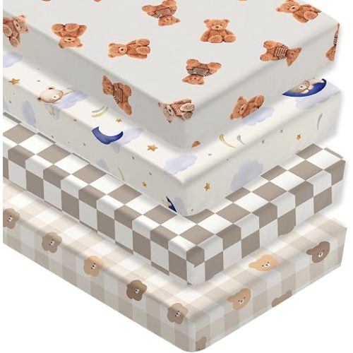 4 Pack Teddy Bear Crib Sheet Set for Boys or Girls, Neutral Soft Breathable Fitted Checkered Crib Sheet, Bear Nursery Decor for Standard Crib and Toddler Bed Mattresses 28 x 52 in
