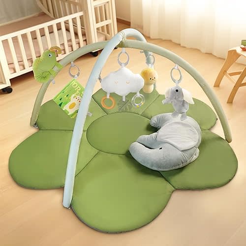 Baby Play Gyms Mat, Larger Tummy Time Mat with Pillow, Mirror & 5 Sensory Toys, Activity Mat for Babies 0-18 Months, Easy to Install & Clean