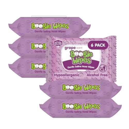 Boogie Gentle Saline Nose Wipes Grape Scent - 180 Count | Hypoallergenic & Alcohol-Free, Allergy Relief, Made with Natural Saline, Aloe, Chamomile & Vitamin E, Diaper Bag Essential