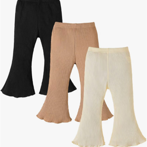 3 Pack Baby Girl Pants: Infant Solid Ribbed Flare Pants Cotton Pull On Bottoms Leggings for Toddler 0-24 Months