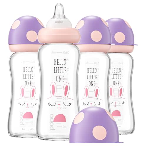 YOHKOH Natural Glass Baby Bottles, 8.8oz Purple 4‑Pack | Borosilicate Glass, Natural Feel, Wide Neck Baby Bottle, Safe Feeding, Easy to Clean, Includes 4pcs M Nipples (3M+)