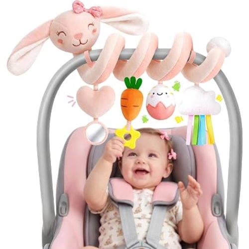 Stuffed Pink Bunny Spiral Car Seat Toys for Babies 0-6 Months, Infant Stroller Toy with Plush Carrot & Star Teether Hanging, Baby Registry Search & Shower Gifts for Newborn Girls