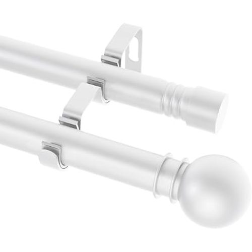 Double Curtain Rods for Windows 31-52 Inches, White Curtain Rod Set with 2 Poles & Brackets, 5/8 Inch Diameter Metal Drapery Rod for Living Room, Bedroom,Kitchen,Bathroom