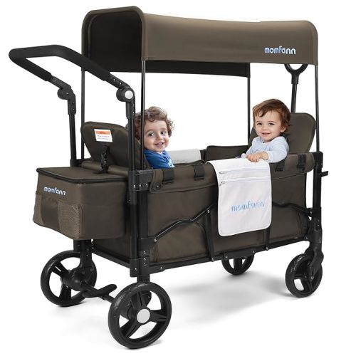 Stroller Wagon for 2 Kids, Baby Wagon Stroller with Adjustable Handle for Infants and Toddlers Includes Canopy & Organizer, Foldable and Convenient for Storage, Brown